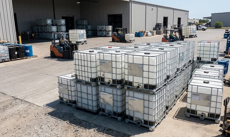 Outdoor yard with stacked IBC totes and forklifts at Cleveland IBC Recycling facility