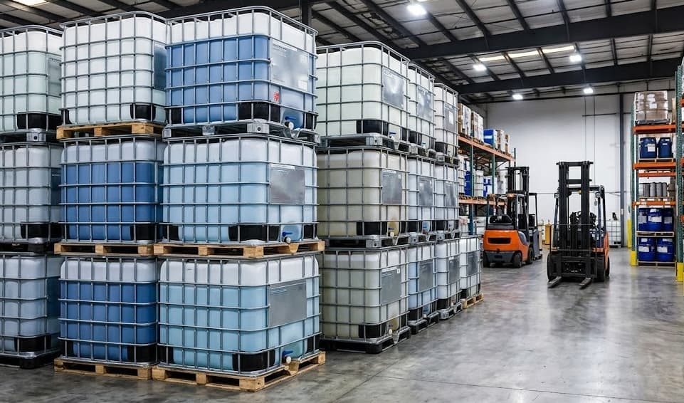 Indoor warehouse stacked with blue and white IBC totes