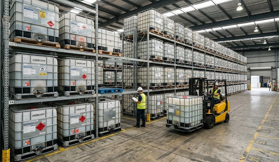 Warehouse worker inspecting IBC totes on shelving racks