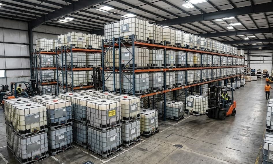 Large-scale IBC tote warehouse with industrial racking